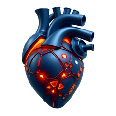 Futuristic blue mechanical heart with glowing orange core isolated on transparent background