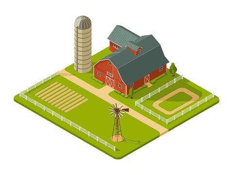 isometric farm landscape, red barn building, tall silo, windmill, plowed field, green pasture, rural agriculture vector illustration
