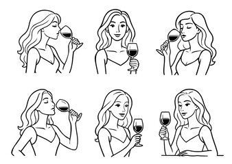 Six vectors of woman drinking wine