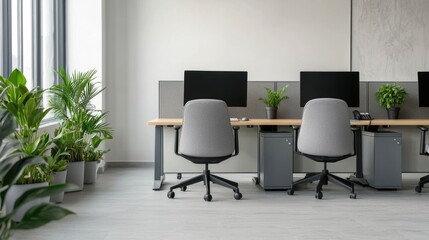 Fototapeta premium Eco Friendly and Sustainable Modern Office Space with Green Technology and Lush Foliage A bright airy and minimalist workspace promoting productivity and wellness through the of nature