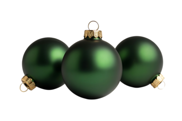 Three green christmas balls isolated on transparent background for holiday decoration