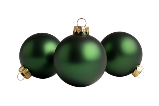 Three green christmas balls isolated on transparent background for holiday decoration