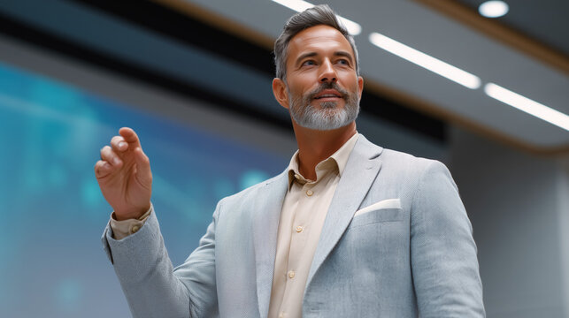 Confident man in suit giving lecture in modern seminar room  