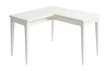 Minimalist white corner desk with a sleek finish for a tidy bedroom workspace.