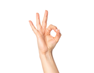 A close-up shot of a hand giving the "OK" gesture (A-OK/perfection) with the thumb and index finger forming a circle, isolated against a light gray background.