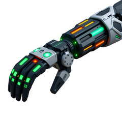 Futuristic robotic arm with glowing green and orange lights isolated on transparent background