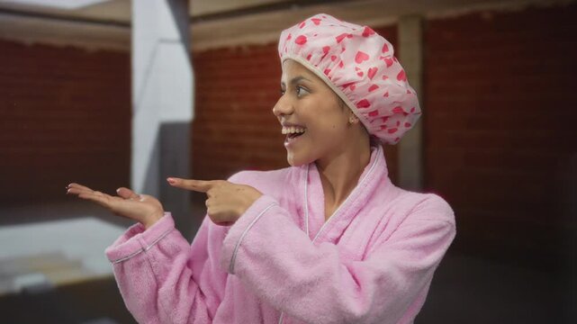 Woman in pink bathrobe and shower cap happily points to her palm indoors at a construction site.