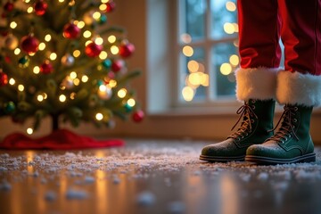 Interior of living room with Christmas decor and Santa's footprints. AI