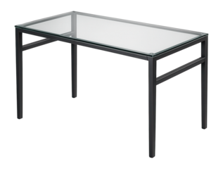 Modern writing desk with a durable metal frame and tempered glass surface.