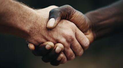 Two hands with contrasting skin tones firmly grasp each other in a gesture of connection.