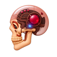 Cybernetic skull with glowing red eye isolated on transparent background