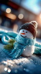 Obraz premium Cute snowman in a striped scarf and hat glowing under bright winter sunlight