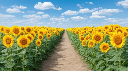 Obraz premium Bright Path Through a Vibrant Field of Yellow Sunflowers Under a Clear Sky with Fluffy Clouds on a Sunny Day