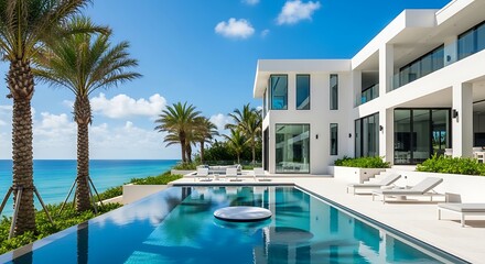 Fototapeta premium Luxurious Coastal Villa with Infinity Pool, Palm Trees, and Ocean View Under Blue Sky.
