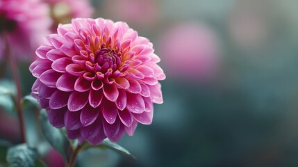 Vibrant pink globe-shaped blossom displays numerous tightly packed petals with dew drops.