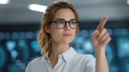 Woman Interacting with Futuristic Touchscreen Interface in a High-Tech Environment with Smart Technology Displays and Control Panels