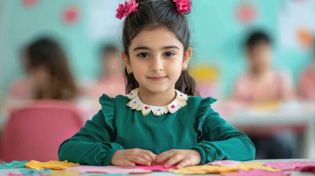 Cheerful young girl with floral hair accessories sitting at a table and crafting with recycled materials in a colorful classroom setting  The image represents the joy of learning creativity