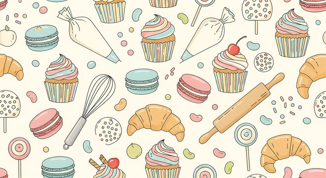 pastel flat illustration of pastry items