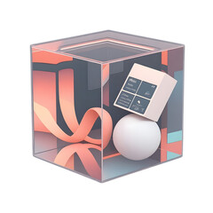 Abstract geometric composition inside a clear cube isolated on transparent background