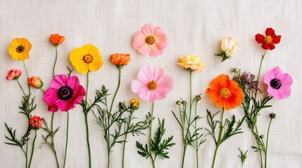 Obraz premium Delicate and Captivating Wildflower Arrangement Displayed on a Soft Linen Backdrop Showcasing the Beauty and Elegance of Spring and Summer Florals in a Serene and Romantic Setting