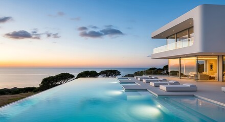 Fototapeta premium Luxurious Modern Villa with Infinity Pool Overlooking Ocean at Sunset.