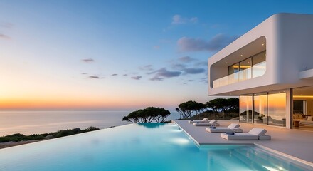 Fototapeta premium Luxurious Modern Villa with Infinity Pool Overlooking Ocean Sunset.