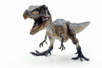Obraz premium Dinosaur on Display: An impressive close-up shot of a fearsome tyrannosaurus rex model, showcasing its sharp teeth and intricate skin texture, set against a simple backdrop.