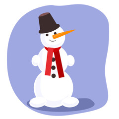 Adorable snowman with a carrot nose, red scarf, and black bucket hat. Cheerful winter character illustration, perfect for Christmas cards, decor, or seasonal designs.