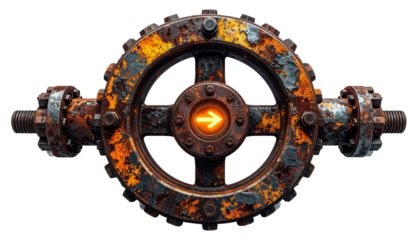 Heavy Rusty Industrial Valve Wheel and Gear Mechanism with Glowing Arrow Isolated on transparent background