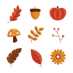 Hand drawn autumn themed element set in warm seasonal color isolated on white suitable for digital decor and stickers.