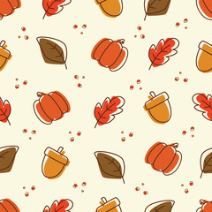 An abstract seamless pattern with drawn pumpkins, acorns, and leaves in warm colors perfect for Thanksgiving decor, wrapping paper, greeting cards, and digital backgrounds.