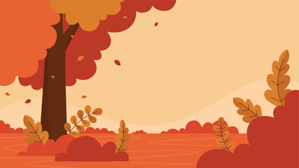 Warm autumn landscape featuring a vibrant tree with seasonal falling leaves and foliage suitable for seasonal campaigns, greeting cards, and nature themed design.
