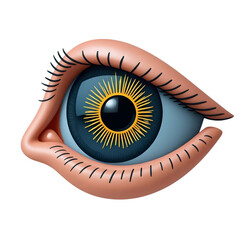 Stylized human eye with blue iris and yellow sunburst pupil isolated on transparent background