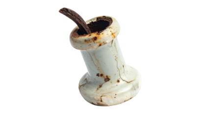 Old Chipped Ceramic Electrical Insulator with Rusty Metal Pin Isolated on transparent background