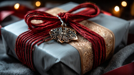 Diagonally striped craft paper background, gift tied in the center with cotton red rope, bow and ribbons. Packing rope for decoration, gift, pastry boxes for New Year, Christmas. Vector EPS10