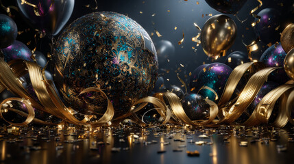 Empty template of background, banner with 3d realistic confetti from party poppers, flying gold ribbon, streamers on black background, fireworks for new year celebration. Vector EPS10