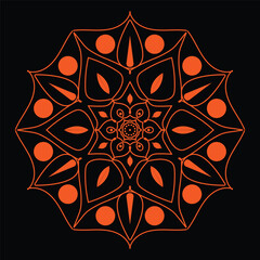 Vibrant orange mandala design on a black background