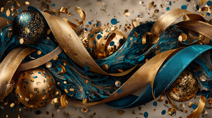 Blank banner template with 3D realistic party poppers confetti, golden ribbon closeup, serpentine on beige background for New Year celebration with empty space. Vector EPS10	