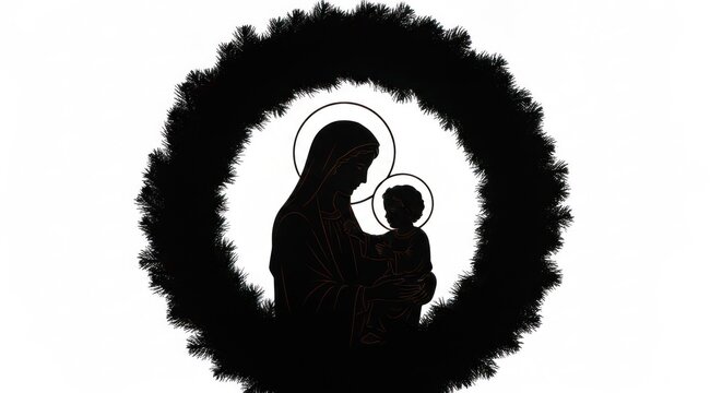 Madonna and child silhouette within a dark wreath, white background