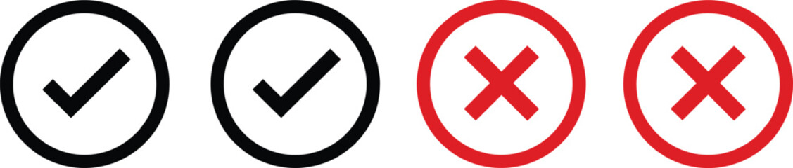 Obraz premium Approval and rejection icons, check mark and X symbol, circular UI elements, correct incorrect indicators, decision graphic, vector interface set