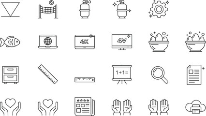 Black and white mixed icons, education, technology, lifestyle, cloud, gear, heart, chart, food, internet, vector symbol set