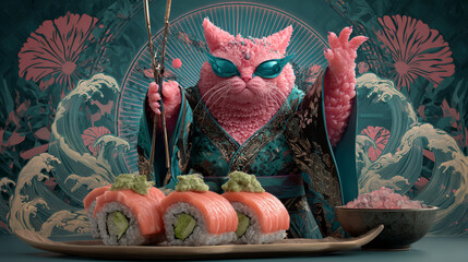 Cartoon jumping sushi character, salmon nigiri with wasabi girl. Retro Groovy style. Vector illustration of EPS10.