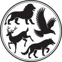 Black silhouette animals lion eagle deer wolf inside circle vector.