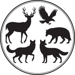 Black silhouettes of deer eagle wolf and bear in circle animal vector illustration EPS file download.
