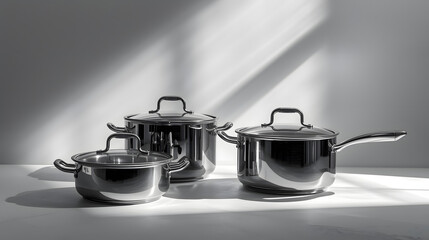 Three Stainless Steel Cookware Items on Marble Surface with Natural Light