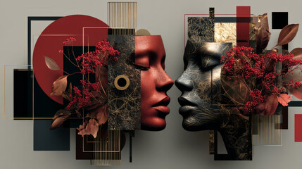 Set of modern minimalist wall posters with abstract collage and lips in one line art style in red beige tones about love. Vector illustration EPS10