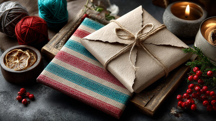 Square new year, christmas craft striped background, frame with torn sheet of paper. Empty page with uneven edges. Template for textbox, layout, collage. Vector illustration EPS10