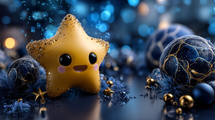 Merry Christmas and Happy New Year Greeting Card 2024. Vector star character for kids. Christmas toy yellow shining star with eyes on blue background. Vector illustration EPS10