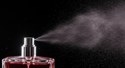 Close up of perfume bottle spraying against a black background , trending, fashion, lifestyle