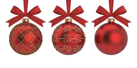 Three red christmas balls with red ribbons isolated on transparent background